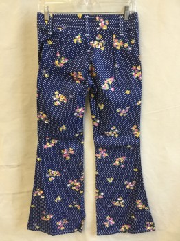 FOX 39, Navy Blue, White, Pink, Purple, Yellow, Cotton, Polka Dots, Floral, 2" Waistband with Belt Hoops, Flat Front, Zip Front, Bell Bottom