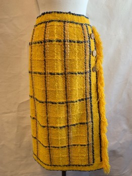 ADOLFO, Sunflower Yellow, Blue, Cream, Wool, Plaid-  Windowpane, Pencil Skirt, Button Detail Down Left Side with Fringe Detail,