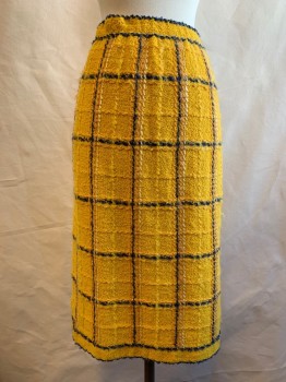 ADOLFO, Sunflower Yellow, Blue, Cream, Wool, Plaid-  Windowpane, Pencil Skirt, Button Detail Down Left Side with Fringe Detail,