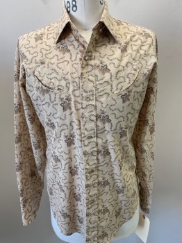 LEVI'S, Beige, Dk Brown, Brown, Polyester, Polka Dots, Leaves/Vines , Snap Front, Collar Attached, 2 Pockets, Long Sleeves,