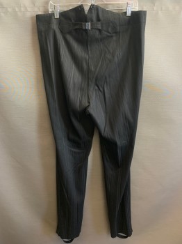 MTO, Black, Wool, Stripes - Vertical , 1880s, 1st Pair of Pants, Button Fly,  Adjustable Belt Center Back, Adjustable Button Hole Elastic Stirrups, Suspender Buttons Inside, Victorian