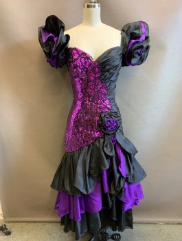 ALYCE DESIGNS, Black, Purple, Polyester, Sequins, Solid, Floral, Taffeta, Voluminous Short Sleeves with Alternating Black/Purple Ruffles, Sweetheart Bust, Dropped Waist, Half of Torso is Purple Paillettes and Sequin Appliques, 3D Rose at Hip, Mermaid Hem,
