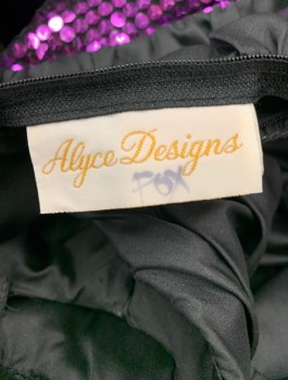 ALYCE DESIGNS, Black, Purple, Polyester, Sequins, Solid, Floral, Taffeta, Voluminous Short Sleeves with Alternating Black/Purple Ruffles, Sweetheart Bust, Dropped Waist, Half of Torso is Purple Paillettes and Sequin Appliques, 3D Rose at Hip, Mermaid Hem,