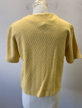 KORET OF CALIFORNIA, Butter Yellow, Cotton, Solid, Diamond Texture Knit, Short Sleeves, Round Neck, 3 Buttons, 2 Faux (Non Functional) Pocket Flaps at Hips, No Lining,