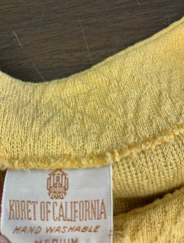 KORET OF CALIFORNIA, Butter Yellow, Cotton, Solid, Diamond Texture Knit, Short Sleeves, Round Neck, 3 Buttons, 2 Faux (Non Functional) Pocket Flaps at Hips, No Lining,