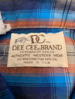 DEE CEE BRAND, Navy Blue, Rust Orange, Gray, Cotton, Plaid-  Windowpane, L/S, Snap Front, Collar Attached, 2 Pockets with Zig Zagged Flaps, Western Style Yoke
