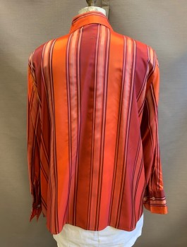 ELLEN TRACY, Red-Orange, Purple, Orange, Acetate, Stripes - Vertical , Long Sleeves, Button Front, Collar Attached, Padded Shoulders,