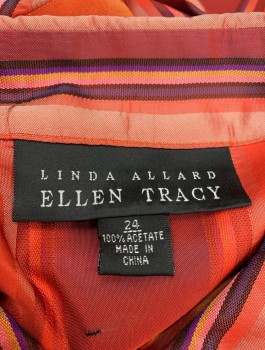 ELLEN TRACY, Red-Orange, Purple, Orange, Acetate, Stripes - Vertical , Long Sleeves, Button Front, Collar Attached, Padded Shoulders,