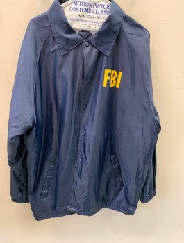 FIRST CLASS , Navy Blue, Nylon, Solid, Collar Attached, Snap Front  " FBI" Logo Left Hand Side  & Back