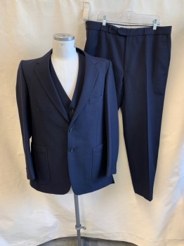 YVES SAINT LAURENT, Navy Blue, Wool, Plaid-  Windowpane, Notched Lapel, Single Breasted, Button Front, 2 Buttons, 3 Pockets