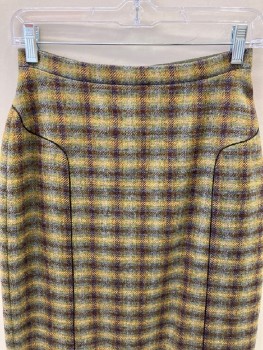 N/L, Olive Green, Blue, Red Burgundy, Gold, Wool, Plaid, Fine Black Piping Detail Around Hips & Back Yolk , Dbl. Front  Box Pleats, CB Zipper & Pleat *Multiples*