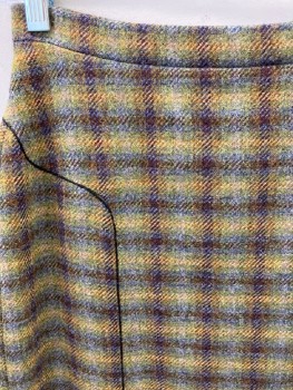 N/L, Olive Green, Blue, Red Burgundy, Gold, Wool, Plaid, Fine Black Piping Detail Around Hips & Back Yolk , Dbl. Front  Box Pleats, CB Zipper & Pleat *Multiples*