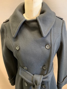 N/L , Black, Wool, Solid, 1970'S Wool Trench Coat with Epaulets at Shoulder and Sleeve. Belt.