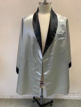EVERLAST, Silver, Black, Polyester, Solid, Satin, Black Constrast Shawl Lapel and Cuffs, Everlast Logo Patch on Chest, Upper Sleeves, and Back, **Missing Belt