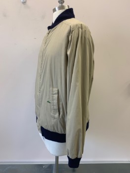 LACOSTE, Khaki Brown, Navy Blue, Acrylic, Polyester, Solid, L/S, Zip Front, CB Side Welt Pockets, Reversible