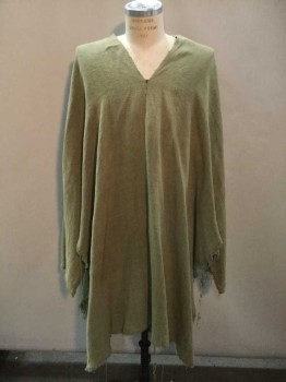 NO LABEL, Olive Green, Cotton, Post Apocalyptic, Scifi, Cloak, V-neck, Poncho, Homeless, Frayed Edges