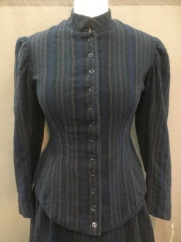 NO LABEL, Navy Blue, Brown, Olive Green, Wool, Stripes, Long Sleeves, Button Front, Shirring/Puff Shoulders,