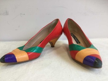 MAUD FRIZON, Multi-color, Leather, Low Heel, Multi-color Strips of Leather Wrap the Vamp of the Shoe, Red, Green. Yellow. Purple, Black