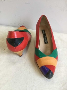 MAUD FRIZON, Multi-color, Leather, Low Heel, Multi-color Strips of Leather Wrap the Vamp of the Shoe, Red, Green. Yellow. Purple, Black