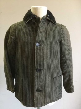 MTO, Brown, Black, Cotton, Stripes, Canvas, Dark Brown Corduroy Collar, Button Front, Long Sleeves, 2 Pockets, Shoulder Burn, Made To Order
