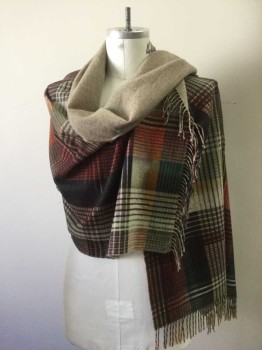 NL, Beige, Green, Rust Orange, Wool, Synthetic, Plaid, Multiples, Shawls. Multi Color Plaid Print on One Side with Heathered Beige on Other Side with Self Fringe