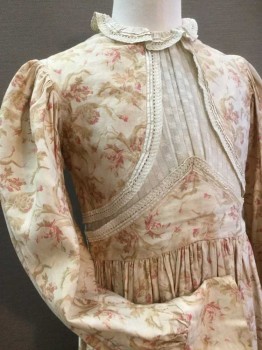 N/L, Cream, Pink, Tan Brown, Cotton, Floral, High Neck with Eyelet and Lace Trim Ruffle, Puffed Long Sleeves, Detached Yoke Front with Pin tucks, Eyelet and Lace Trim Over Pleated Lace Bodice. Gathered Skirt, Button Back, Good Shape, Stain Center Front Skirt