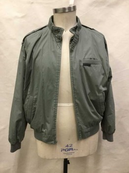 MEMBERS ONLY, Sage Green, Synthetic, Cotton, Solid, Zip Front, 3 Pockets, Knit Trim, Snap Epaulets