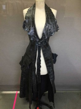 MTO, Silver, Leather, Reptile/Snakeskin, Floor Length, 2 Large Pockets, 1 Button With Self Tie Closure
