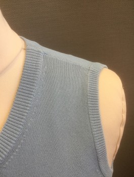 JOSEPH A., Powder Blue, Viscose, Nylon, Solid, Knit Shell Top, Sleeveless, Scoop Neck, Rib Knit at Arm Openings and Waist, Fitted,