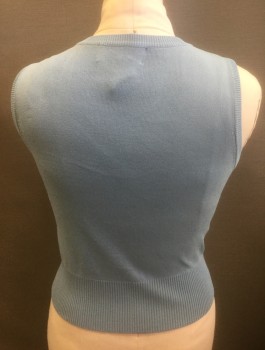 JOSEPH A., Powder Blue, Viscose, Nylon, Solid, Knit Shell Top, Sleeveless, Scoop Neck, Rib Knit at Arm Openings and Waist, Fitted,