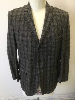 STRAKS CLOTHING, Gray, Black, Lt Gray, Wool, Plaid-  Windowpane, Textured Gray Wool with Black and Light Gray Speckled Windowpane, Single Breasted, Notched Lapel, 3 Buttons,  3 Pockets, 1950's
