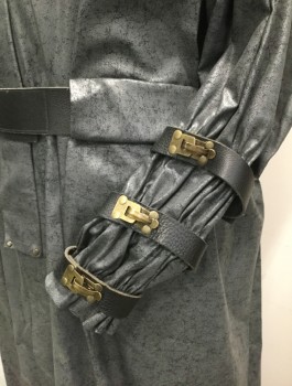 BILL HARGATE, Gray, Black, Brass Metallic, Polyester, Leather, Mottled, Round Neck, Snaps for Attaching Hood,  Velcro and Zip Front, L/S, Gathered Below Elbow with Velcro Closed Leather Straps Embellished with Faux Hardware, Velcro Close Leather Belt, Inverted Box Pleat Center Back Waist to Hem, Multiple