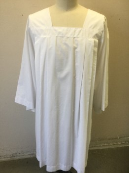 ABBEY, White, Cotton, Solid, Long Sleeves, Square Neck, Pleated at Chest, Approximately Knee Length