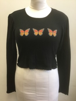 TRULY MADLY DEEPLY, Black, Orange, Rust Orange, Cotton, Butterfly, 3 Orange and Rust Butterflies, Long Sleeves, Scoop Neck, Cropped Length with Wavy Overlocked Hem, Late 1990's/Early 2000's