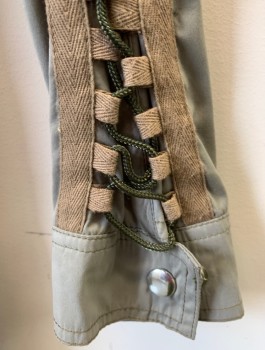 N/L MTO, Putty/Khaki Gray, Lt Brown, Rayon, Solid, Boiler Suit/Coverall Style, Long Sleeves, Zip Front, Collar Attached, Beige Twill Lace Up Detail at Sides and Sleeve Outseam, Silver Metal Gears at Waist, 5 Zip Pockets, Reinforced Knees, Made To Order