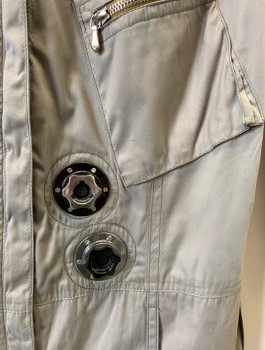 N/L MTO, Putty/Khaki Gray, Lt Brown, Rayon, Solid, Boiler Suit/Coverall Style, Long Sleeves, Zip Front, Collar Attached, Beige Twill Lace Up Detail at Sides and Sleeve Outseam, Silver Metal Gears at Waist, 5 Zip Pockets, Reinforced Knees, Made To Order