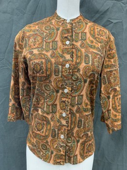 KORET OF CA, Burnt Orange, Lt Brown, Brown, Green, Cotton, Paisley/Swirls, Paisley Square and Circle Medallions, Button Front, Band Collar, 3/4 Sleeve