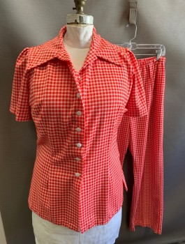 N/L, Red, White, Polyester, Gingham, Short Sleeve Shirt, Button Front, Wide Oversized Collar, White Buttons, *Missing a Button