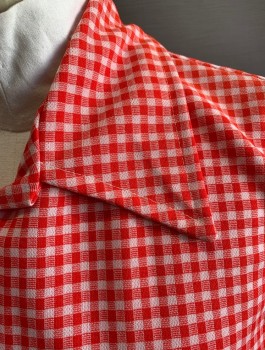 N/L, Red, White, Polyester, Gingham, Short Sleeve Shirt, Button Front, Wide Oversized Collar, White Buttons, *Missing a Button