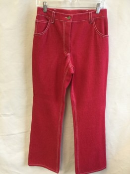 FOX 1970, Red, Cotton, Solid, Red Denim with White Top Stitches, 5 Pockets, Zip Front,