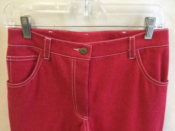 FOX 1970, Red, Cotton, Solid, Red Denim with White Top Stitches, 5 Pockets, Zip Front,