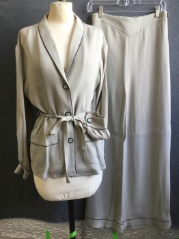 MTO, Taupe, Black, Rayon, Solid, Grid , Shawl Collar, 3 Buttons,  2 Pockets, Belt Loops, Matching Tie Belt, Long Sleeves with Gathered Wrists and Button Cuffs, Piped Trim Pajama, Unstructured