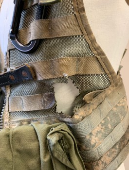 N/L, Olive Green, Tan Brown, Nylon, Cotton, Camouflage, Digital ACU Pattern, Mesh with Nylon Webbing, Various Compartments/Pockets, Dirty/Holes