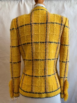 ADOLFO, Sunflower Yellow, Blue, Cream, Wool, Plaid-  Windowpane, Button Front, 3 Pockets, Fringe Sleeve Detail,