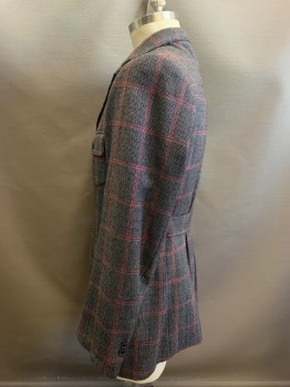 COSTUME WORKSHOP, Navy Blue, Gray, Red, Wool, Plaid-  Windowpane, Norfolk Jacket, Single Breasted, 2 Buttons,  4 Patch Pockets with Flaps, Notched Lapel, Belt Center Back,