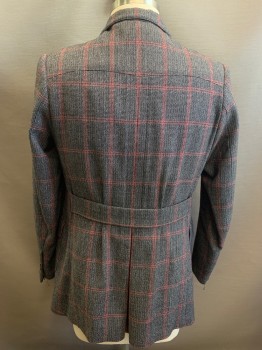 COSTUME WORKSHOP, Navy Blue, Gray, Red, Wool, Plaid-  Windowpane, Norfolk Jacket, Single Breasted, 2 Buttons,  4 Patch Pockets with Flaps, Notched Lapel, Belt Center Back,