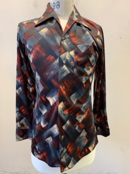 CAREER CLUB, Red Burgundy, Midnight Blue, Beige, Red-Orange, Polyester, Plaid, Abstract , Collar Attached, Button Front, Long Sleeves, Plaid Like Brush Stroke Pattern
