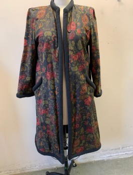 PAULINE TRIGERE, Black, Dk Red, Olive Green, Caramel Brown, Wool, Floral, Swing Coat, Floral Pattern with Charcoal Knit Tubular Trim at Cuffs, Front Opening, and 2 Slanted Pockets at Hips, Padded Shoulders, Hem Below Knee, Retro 50's Inspired