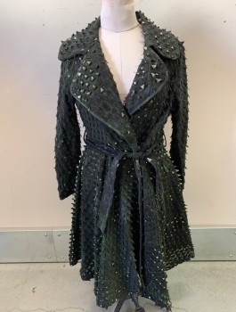 WHY DRESS, Black, Iridescent Black, Green, Synthetic, Dragon Scales Texture With Peeled Up Triangles, Fishnet Underneath, L/S, Wide Lapel, A-Line, Belt Loops, ***With Matching Belt