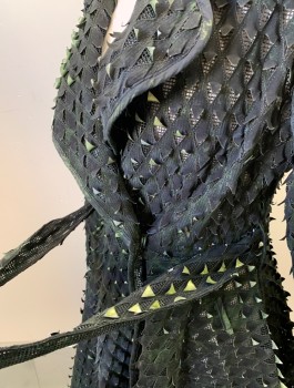 WHY DRESS, Black, Iridescent Black, Green, Synthetic, Dragon Scales Texture With Peeled Up Triangles, Fishnet Underneath, L/S, Wide Lapel, A-Line, Belt Loops, ***With Matching Belt